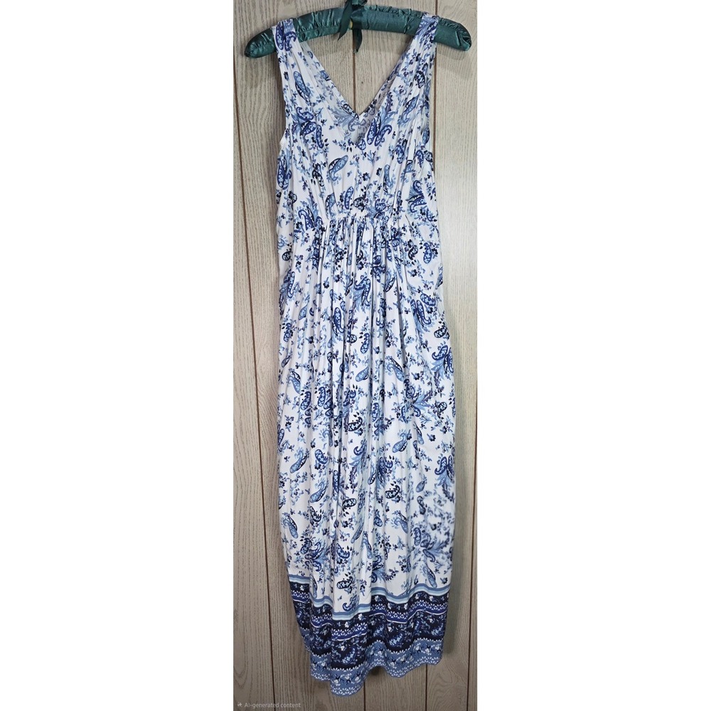 Lucky Brand Women Blue White Paisley Floral V-Neck Empire Waist Maxi Dress M